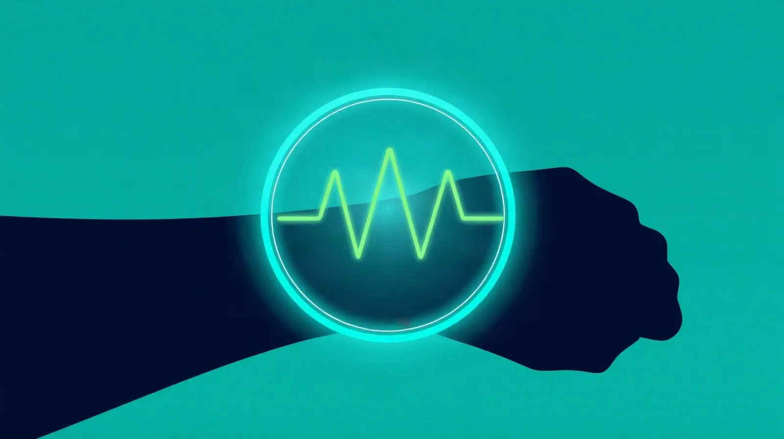 Ilustración abstracta de un sensor de salud tipo smartwatch con anillos de luz verde y ondas de pulso cardíaco