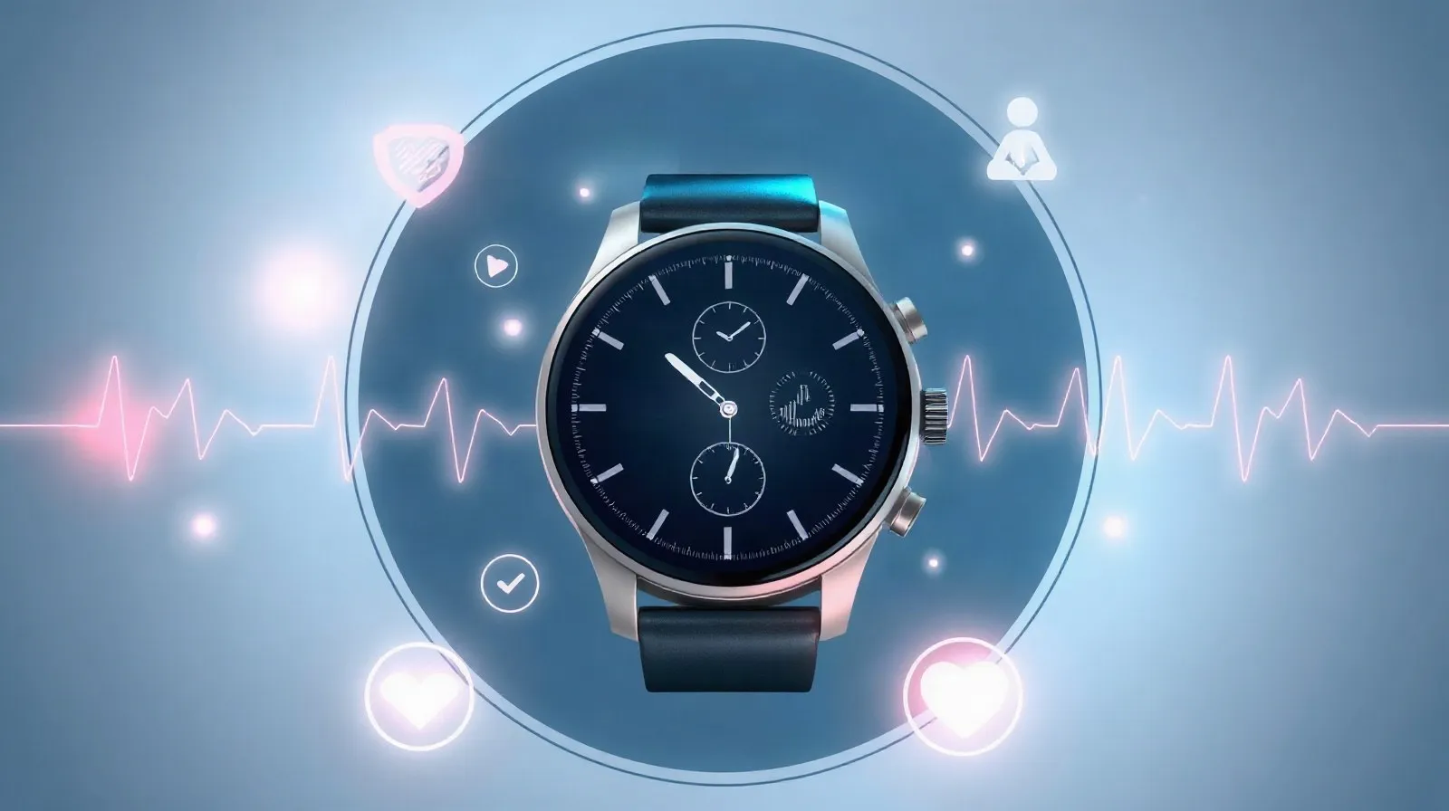 Ilustración abstracta de un reloj inteligente rodeado de ondas de datos y energía representando inteligencia artificial y salud