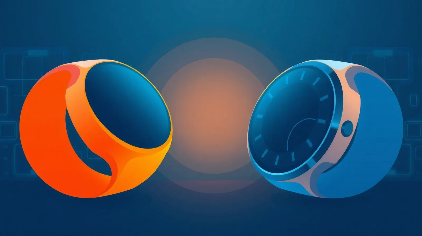 Ilustración abstracta de dos relojes inteligentes enfrentados en tonos naranja y azul