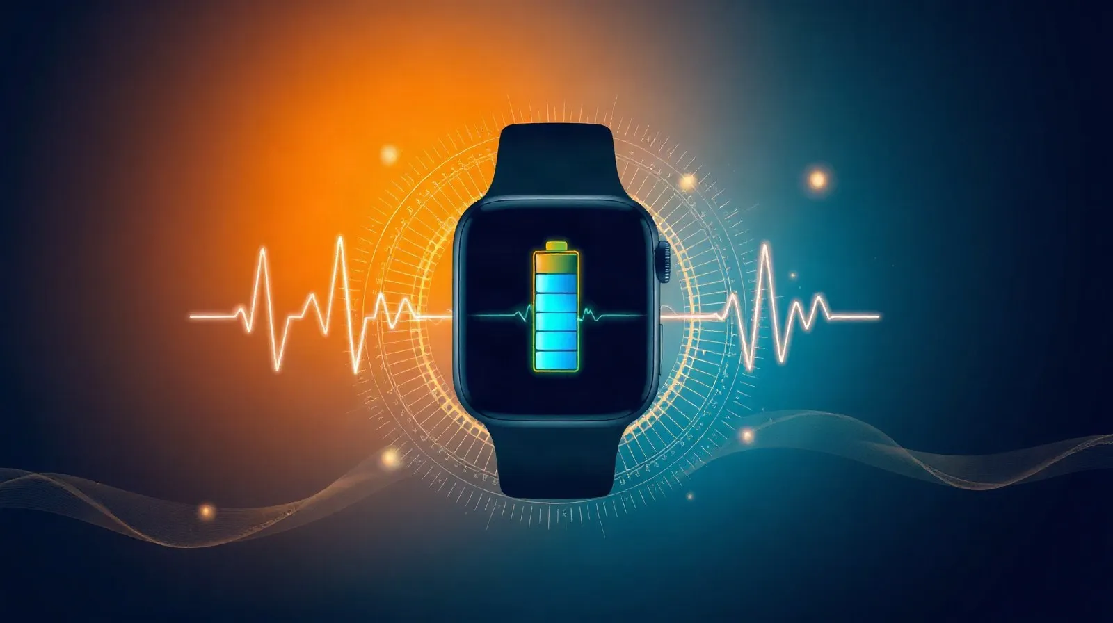 Ilustración abstracta de un smartwatch rodeado de ondas de pulso cardíaco y líneas de datos de salud