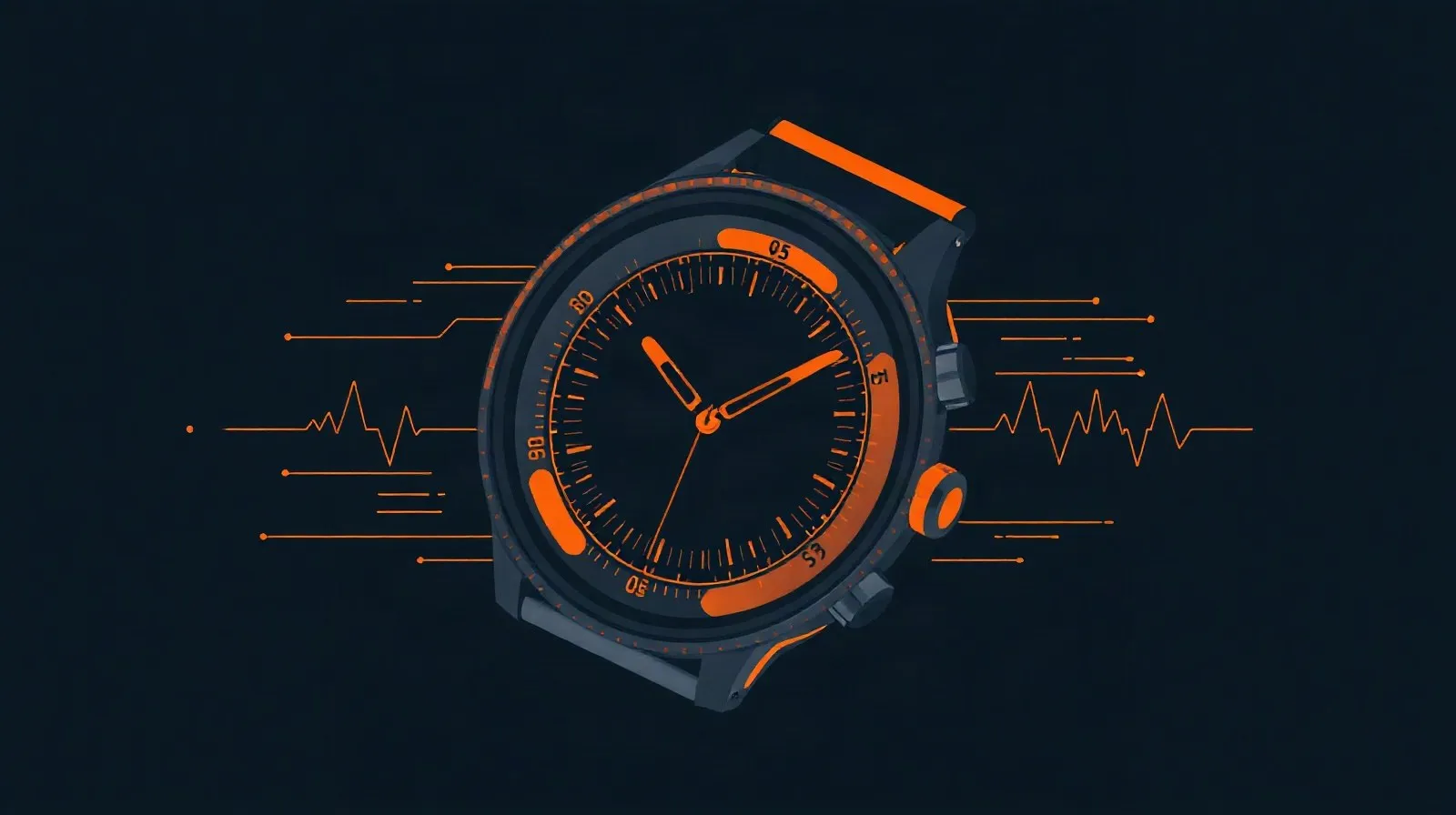 Ilustración abstracta de un reloj inteligente robusto con anillos de sensores de salud y líneas de energía representando batería