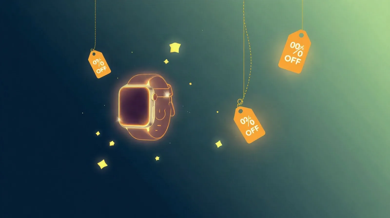 Ilustración abstracta de siluetas de un smartwatch y un smartphone rodeadas de formas que sugieren descuentos y rebajas de temporada