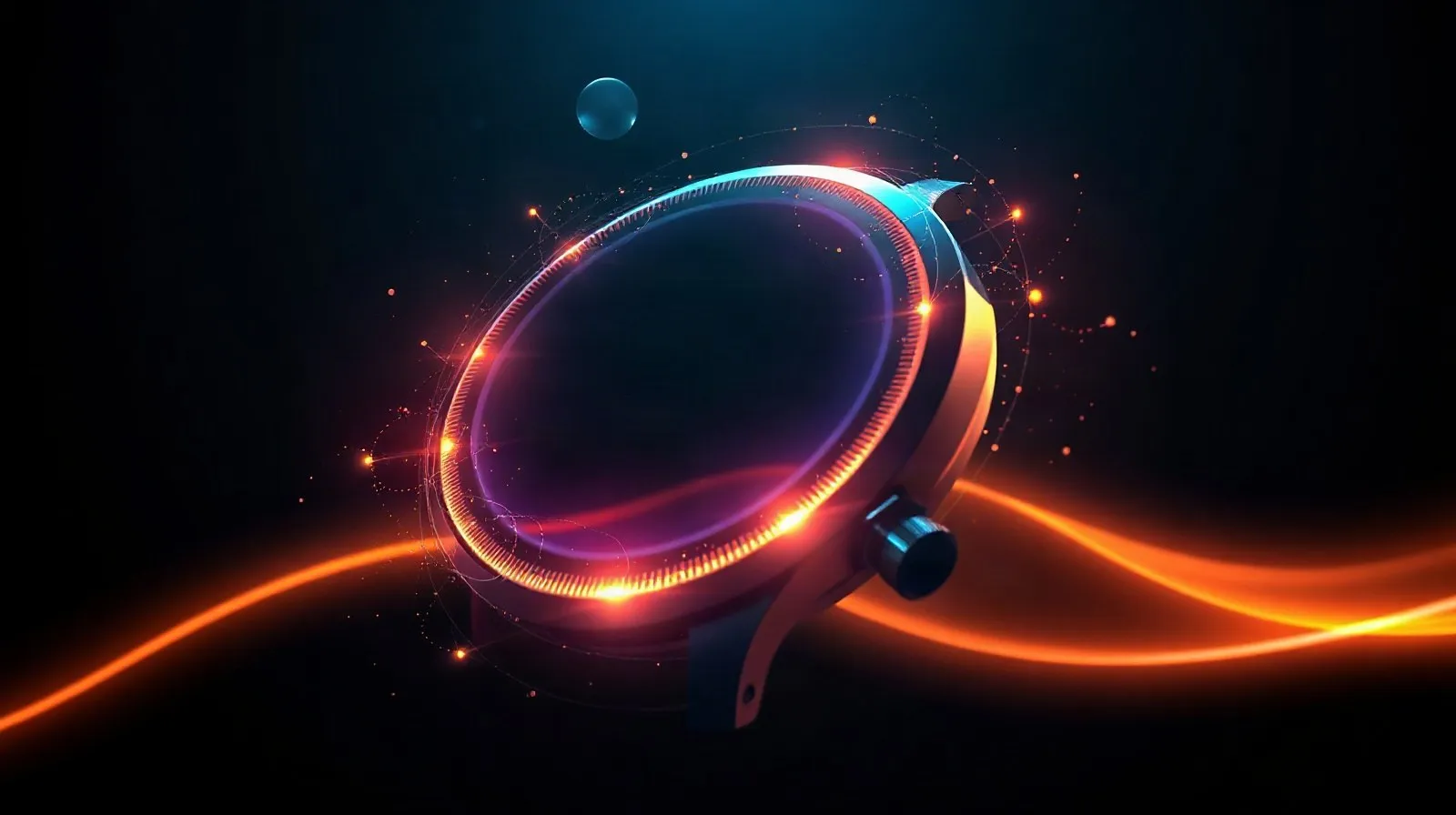 Ilustración abstracta de un reloj inteligente premium con formas circulares metálicas y partículas digitales que evocan inteligencia artificial