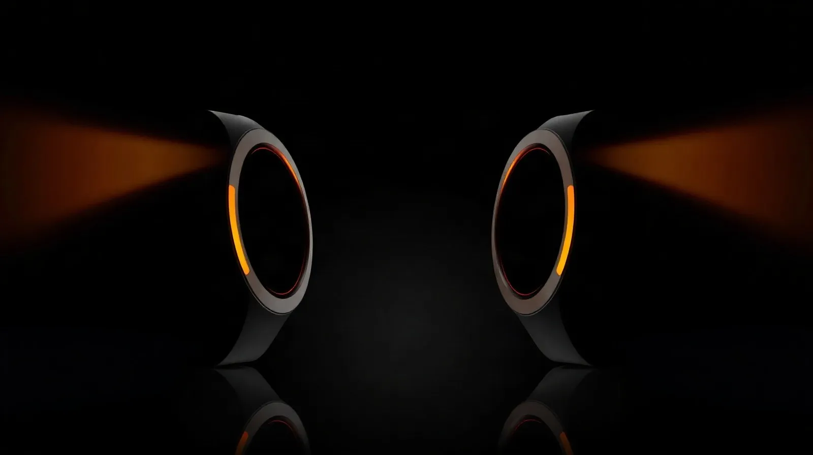 Ilustración abstracta de dos relojes inteligentes de alta gama enfrentados, con anillos de datos de salud brillantes sobre fondo oscuro