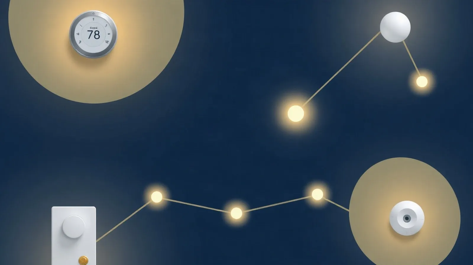 Ilustración abstracta de dispositivos de hogar inteligente conectados entre sí mediante líneas de luz