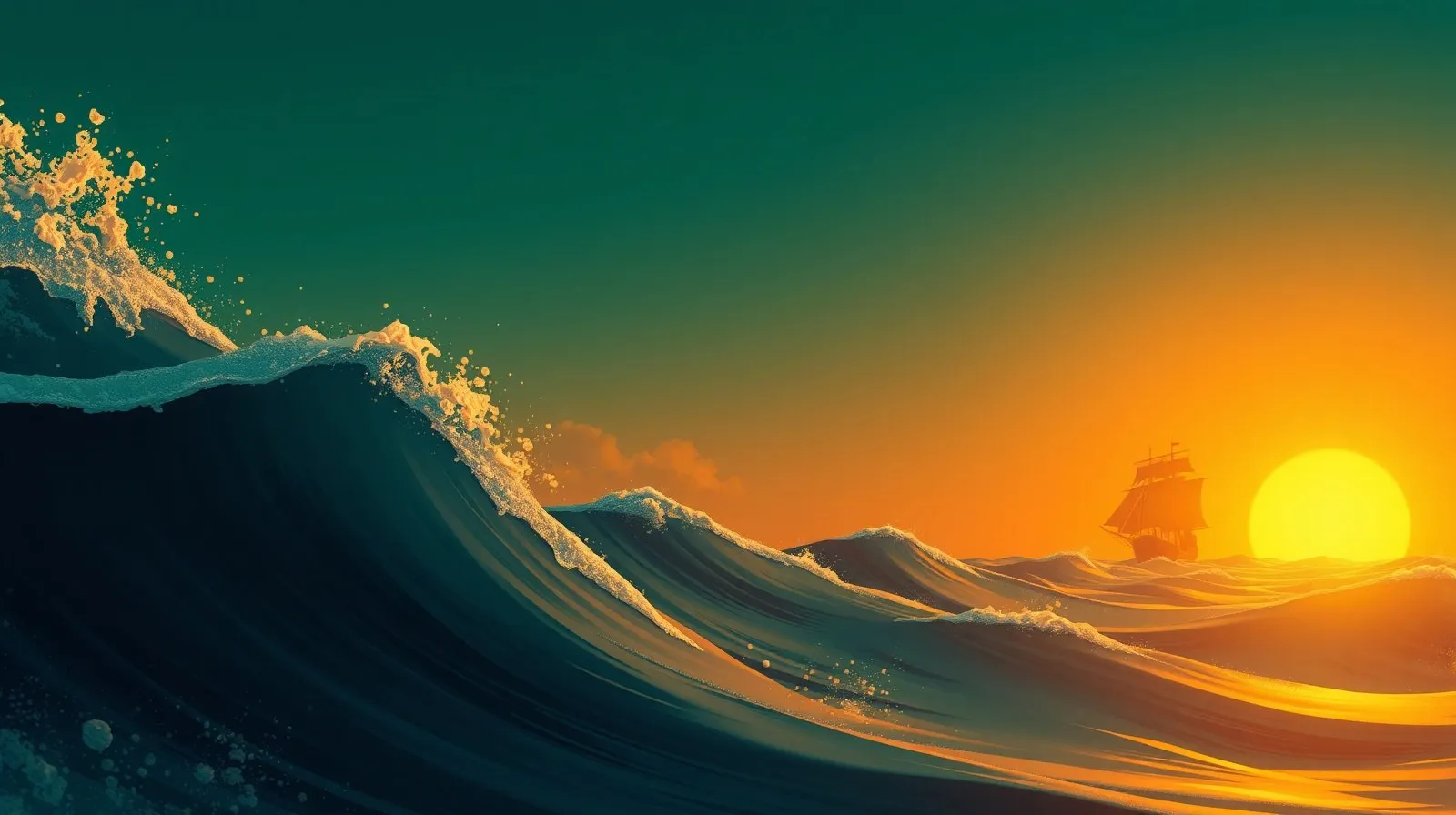 Ilustración abstracta de un mar caribeño con un velero al atardecer, evocando la ambientación pirata del remake