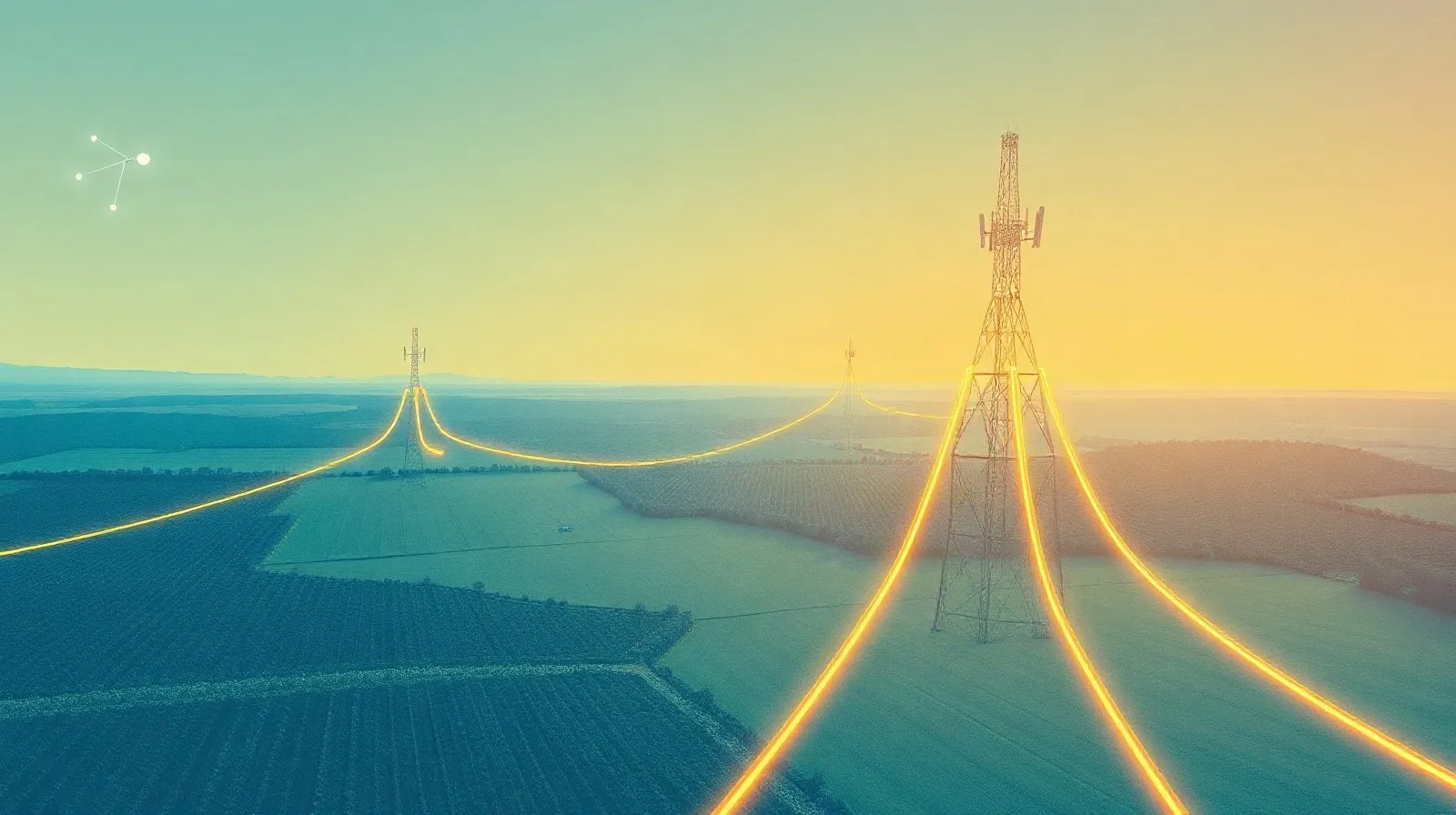 Ilustración abstracta de ondas de señal celular conectando torres en un paisaje rural con satélites en el cielo
