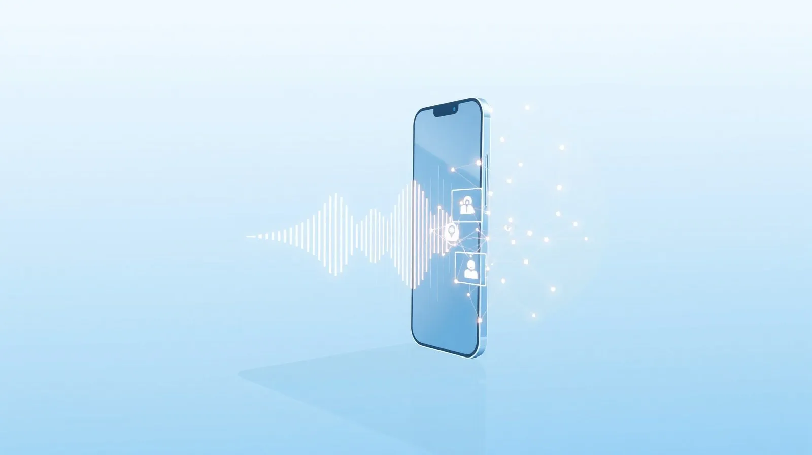 Ilustración abstracta de un teléfono con ondas de voz e inteligencia artificial representando una actualización de software