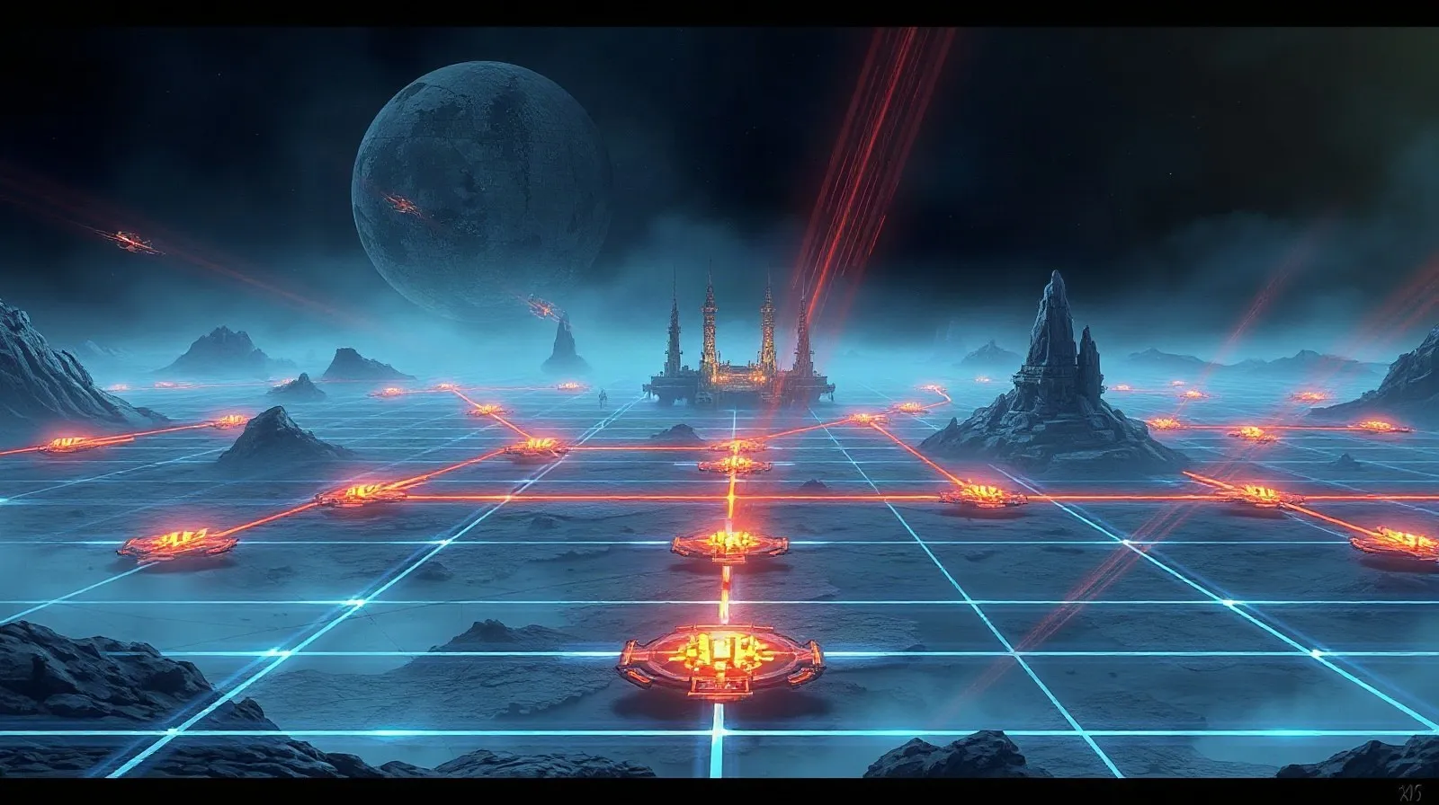 Ilustración abstracta que representa la transición de StarCraft de un juego de estrategia a un mundo abierto de ciencia ficción