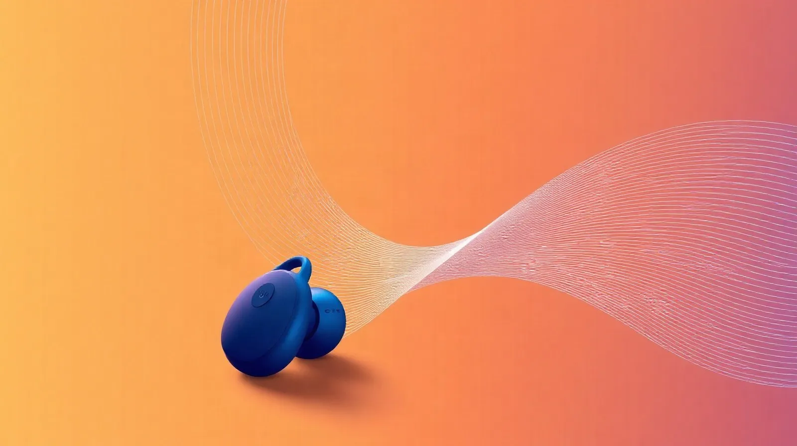 Ilustración abstracta de audífonos inalámbricos de oído abierto con ondas de sonido en tonos cálidos