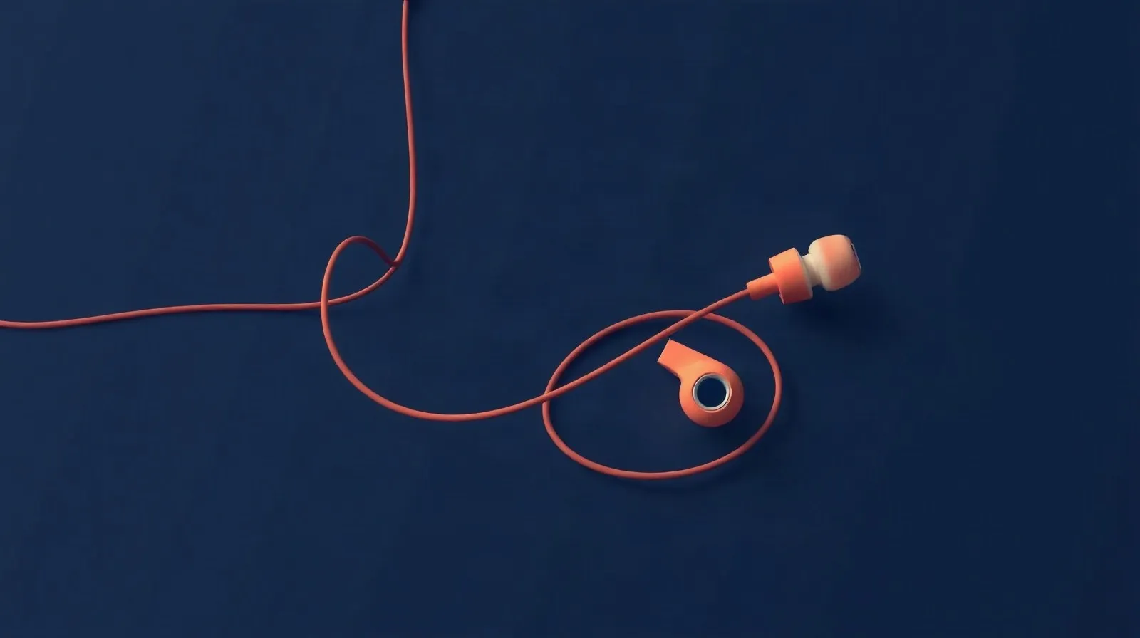 Ilustración abstracta de un cable de audio fusionándose con la forma de un audífono, en tonos azules y ámbar