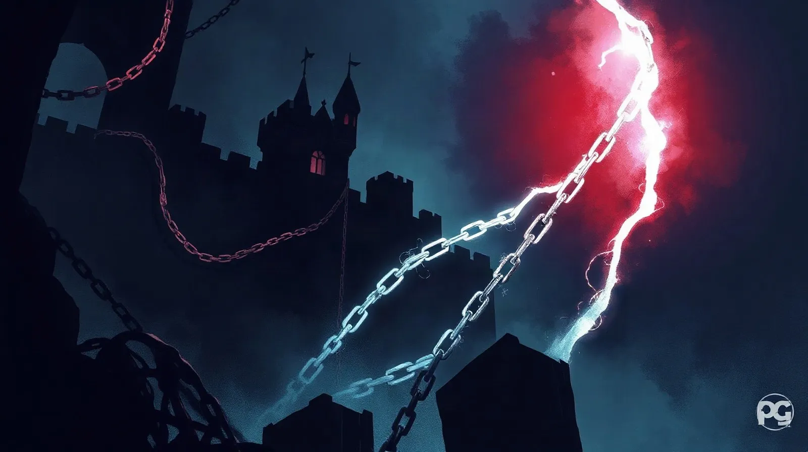 Ilustración abstracta de un castillo gótico oscuro con trazos de luz que evocan combate y exploración, sin texto ni personajes reconocibles