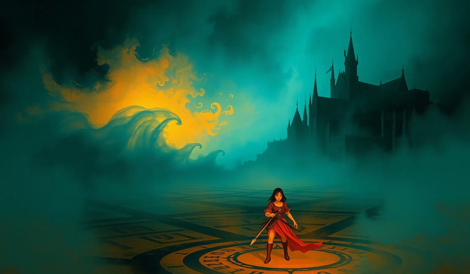 Ilustración abstracta de un mundo de fantasía oscura que evoca el universo de The Witcher