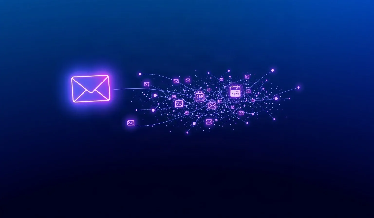 Ilustración abstracta de íconos de correo y calendario conectándose a una red de inteligencia artificial