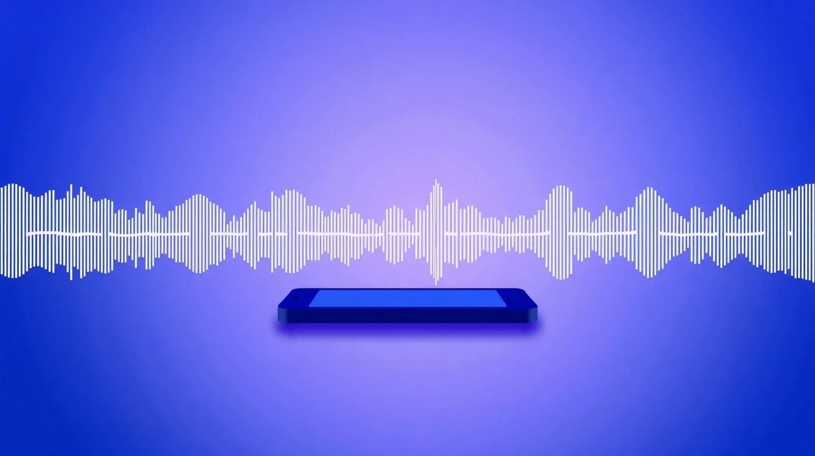 Ilustración abstracta de ondas de voz conectadas a un teléfono inteligente representando un asistente de inteligencia artificial