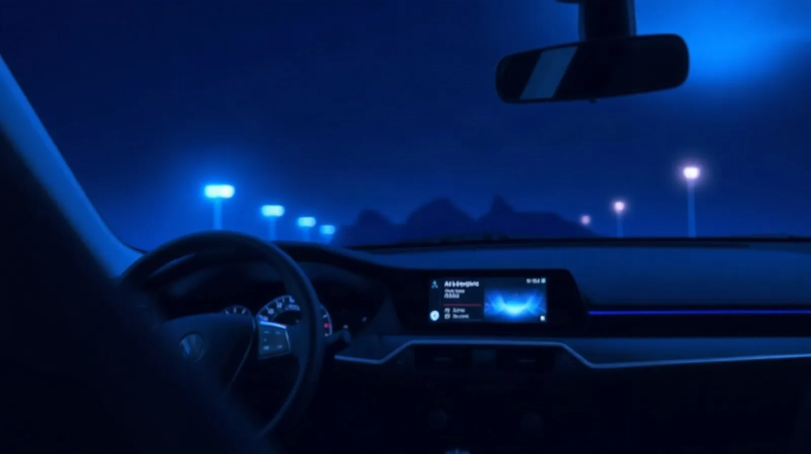 Ilustración abstracta de un tablero de auto con luces que representan un asistente de inteligencia artificial activo