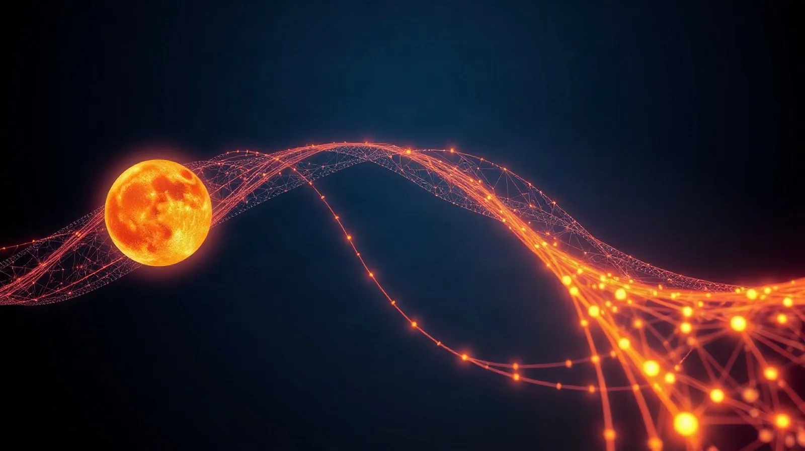Ilustración abstracta de dos redes neuronales luminosas en tonos naranja y azul compitiendo sobre un fondo oscuro