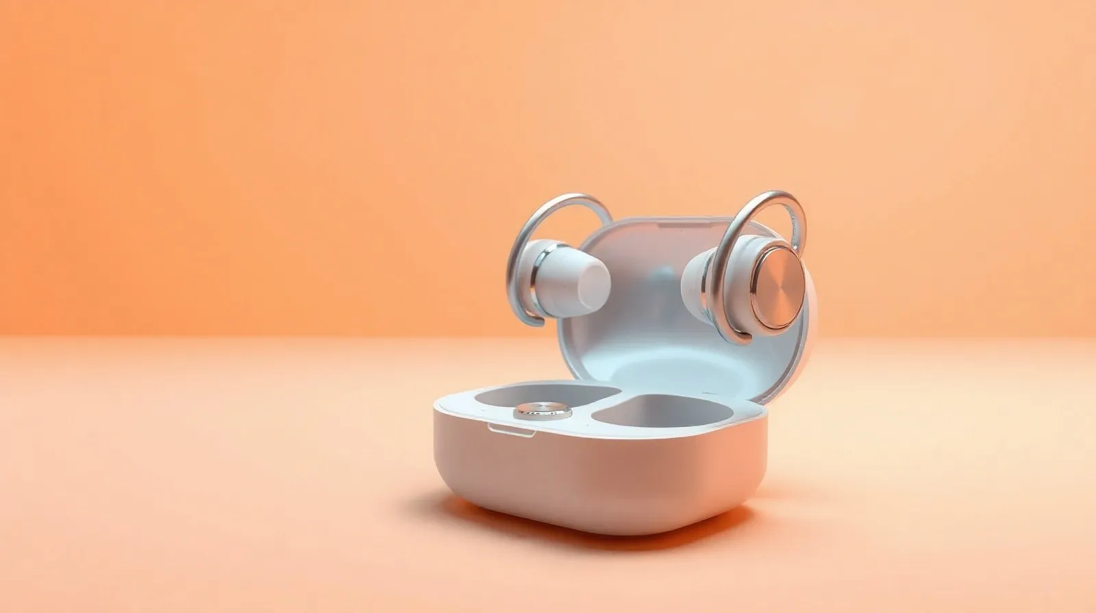 Ilustración abstracta de audífonos open-ear y un estuche de carga circular con un dial, en un fondo minimalista con tonos cálidos