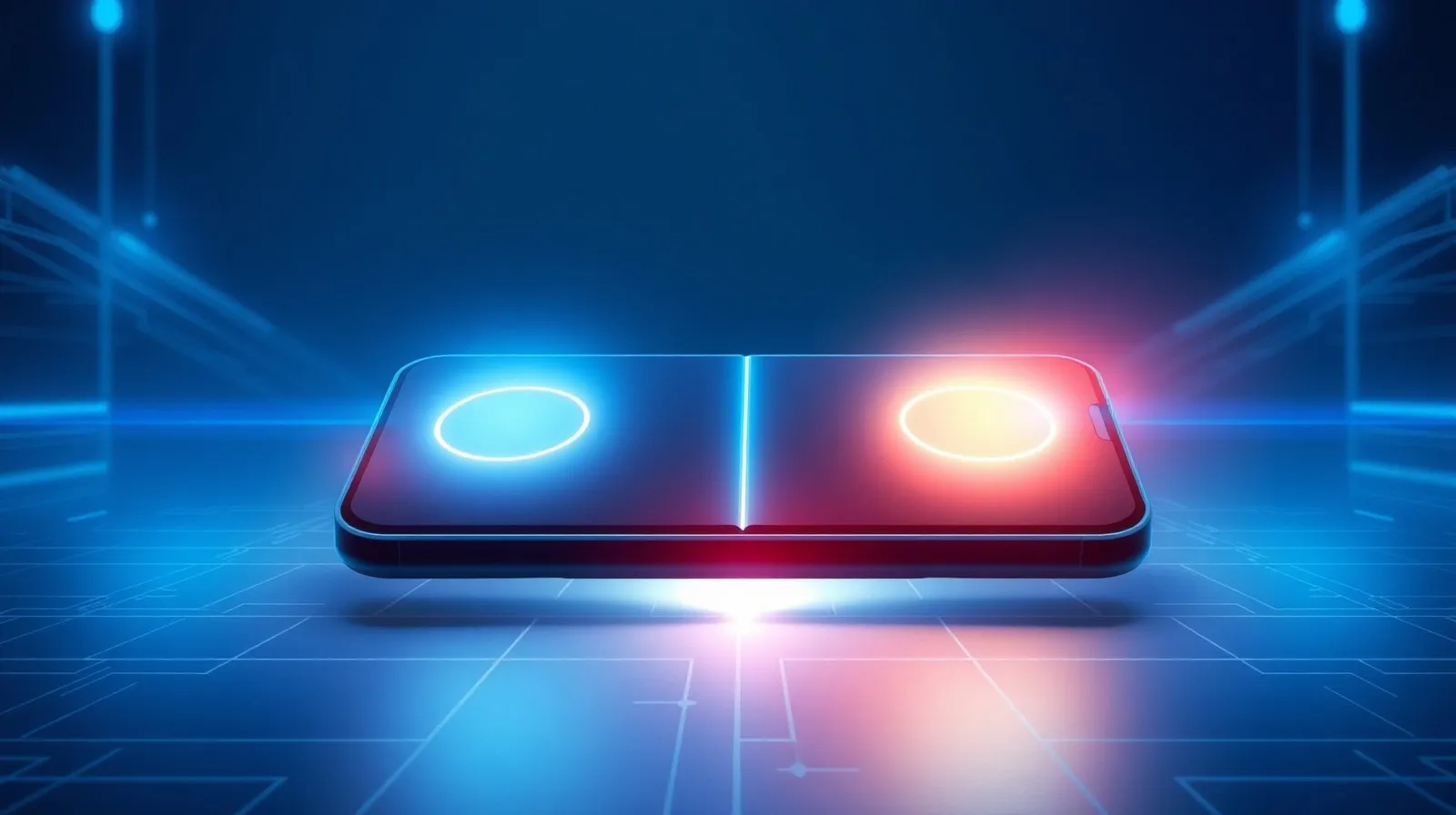 Ilustración abstracta de un teléfono plegable con dos celdas de energía representadas como luces divididas