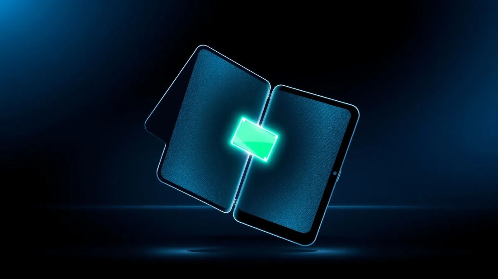 Ilustración abstracta de un teléfono plegable con dos mitades iluminadas representando baterías independientes