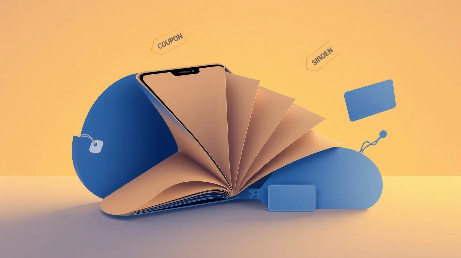 Ilustración abstracta de un teléfono plegable rodeado de formas geométricas que evocan cupones y descuentos
