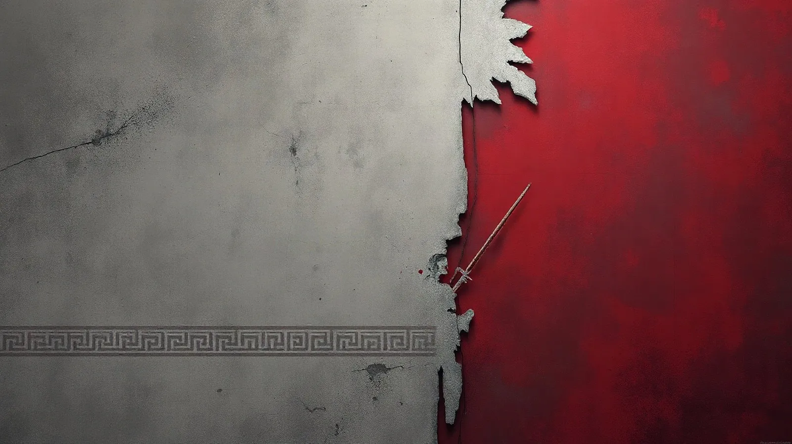 Ilustración abstracta con tonos rojos y grises que evoca la estética guerrera de God of War