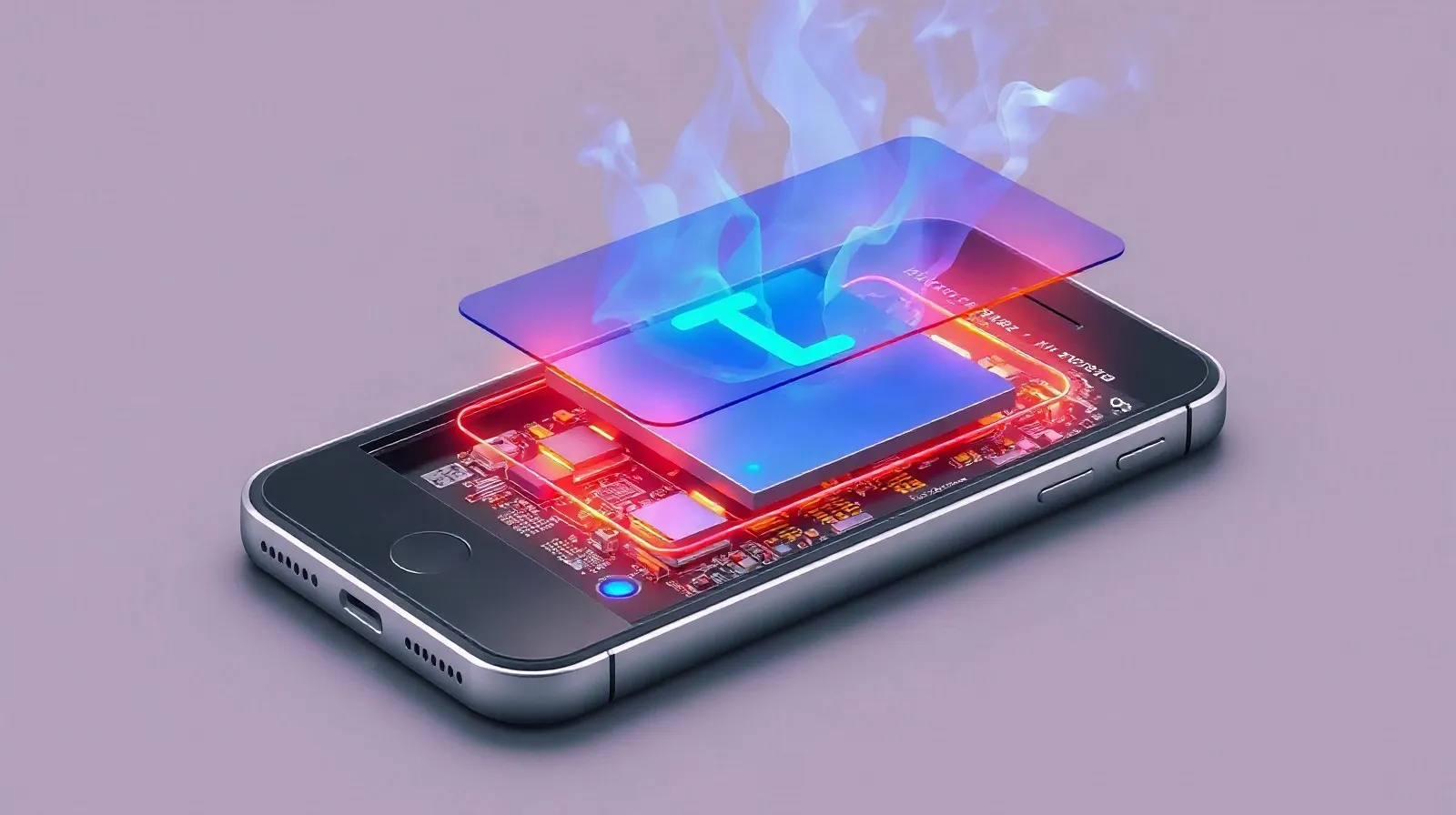 Ilustración abstracta del interior de un smartphone mostrando una cámara de vapor y componentes térmicos