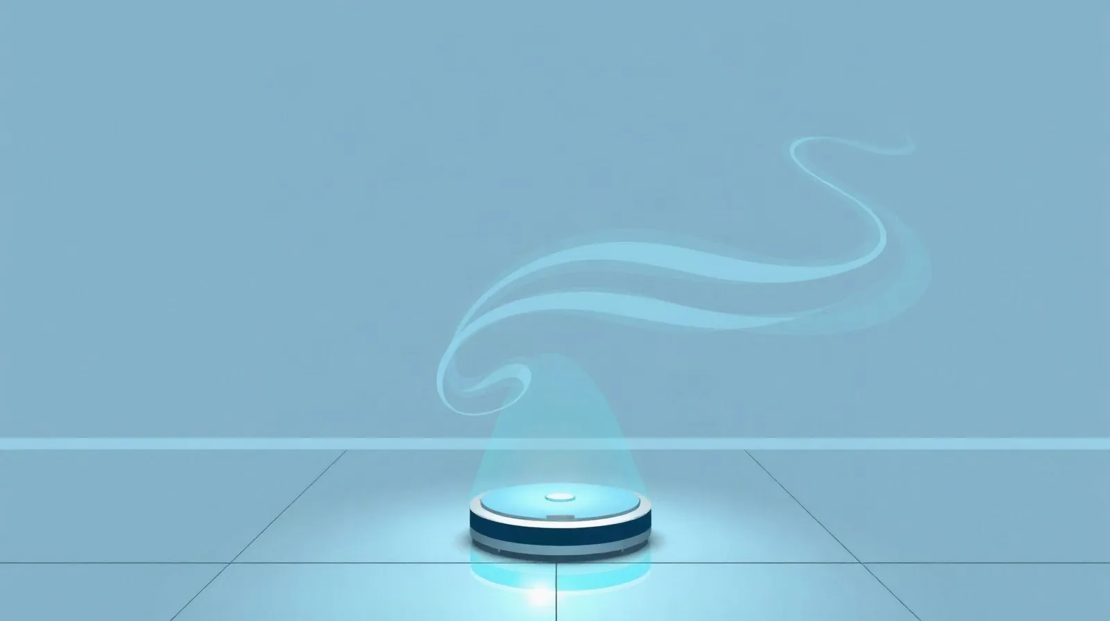 Ilustración abstracta de un robot aspirador circular liberando vapor sobre un piso minimalista