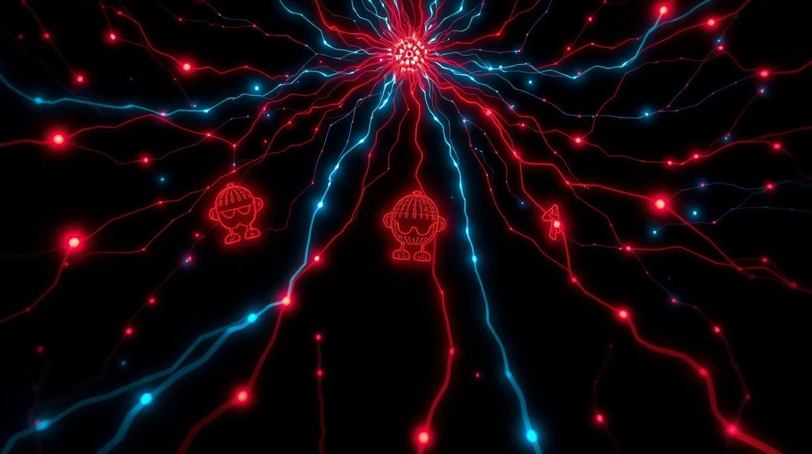 Ilustración abstracta de una red luminosa roja y azul que representa la búsqueda de detalles ocultos en una película