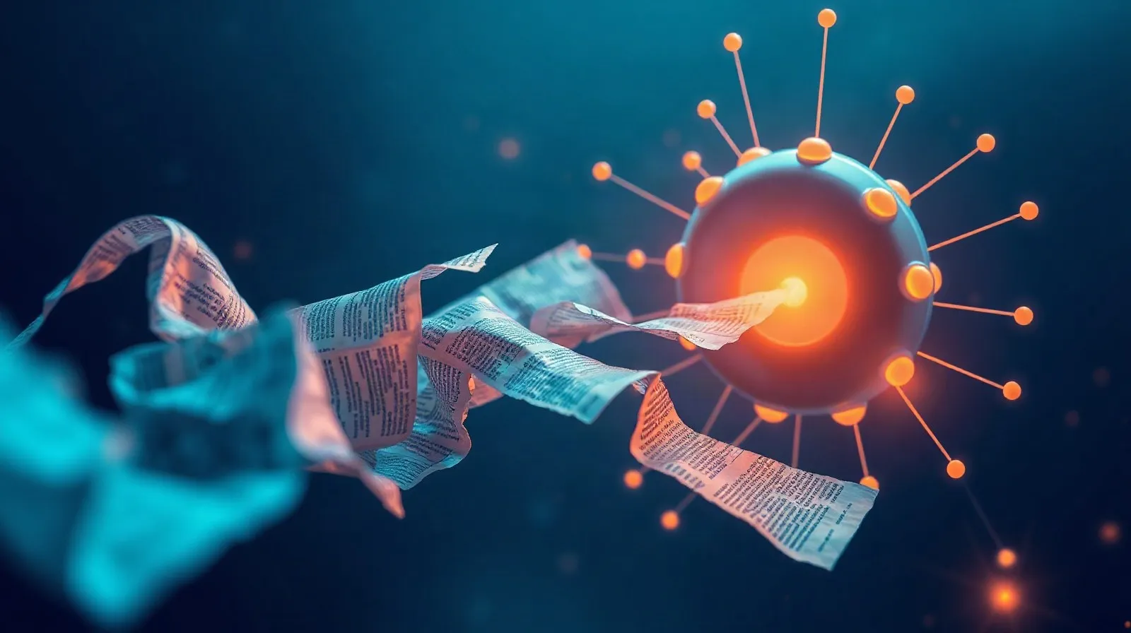 Ilustración abstracta de fragmentos de texto siendo absorbidos por una red neuronal digital