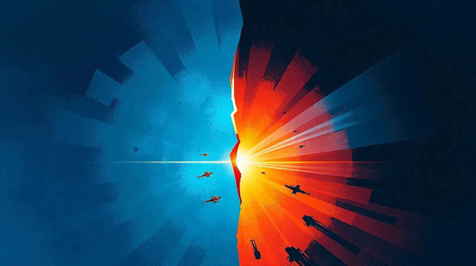 Ilustración abstracta que representa la transición entre un videojuego y su adaptación televisiva mediante texturas fragmentadas y luces cinematográficas