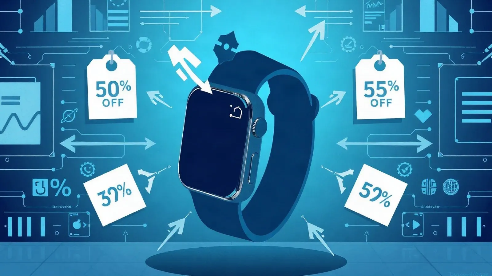 Ilustración abstracta de un reloj inteligente rodeado de elementos gráficos que simbolizan descuentos de precio