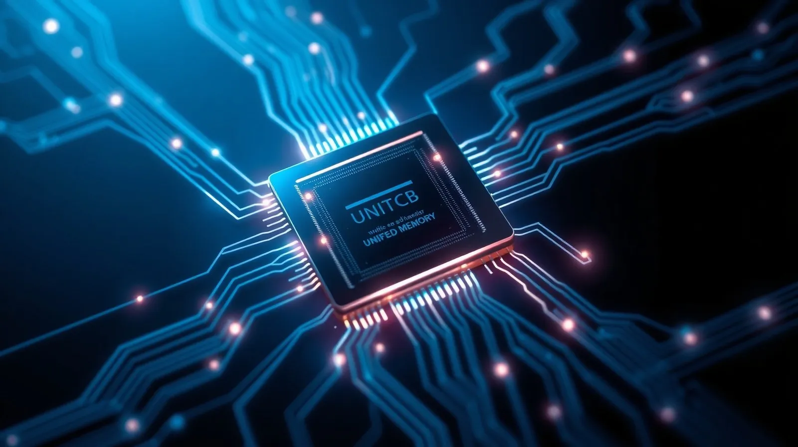 Ilustración abstracta de un chip de procesador con flujos de luz representando memoria unificada