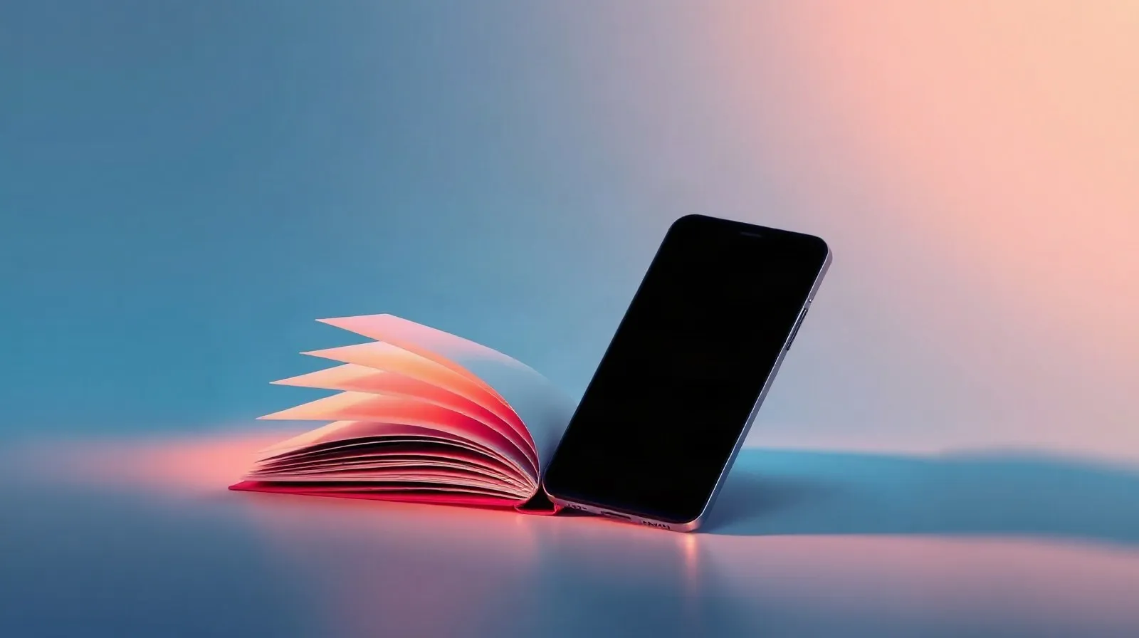 Ilustración abstracta de un teléfono plegable abriéndose, con luces suaves en tonos azules y cálidos