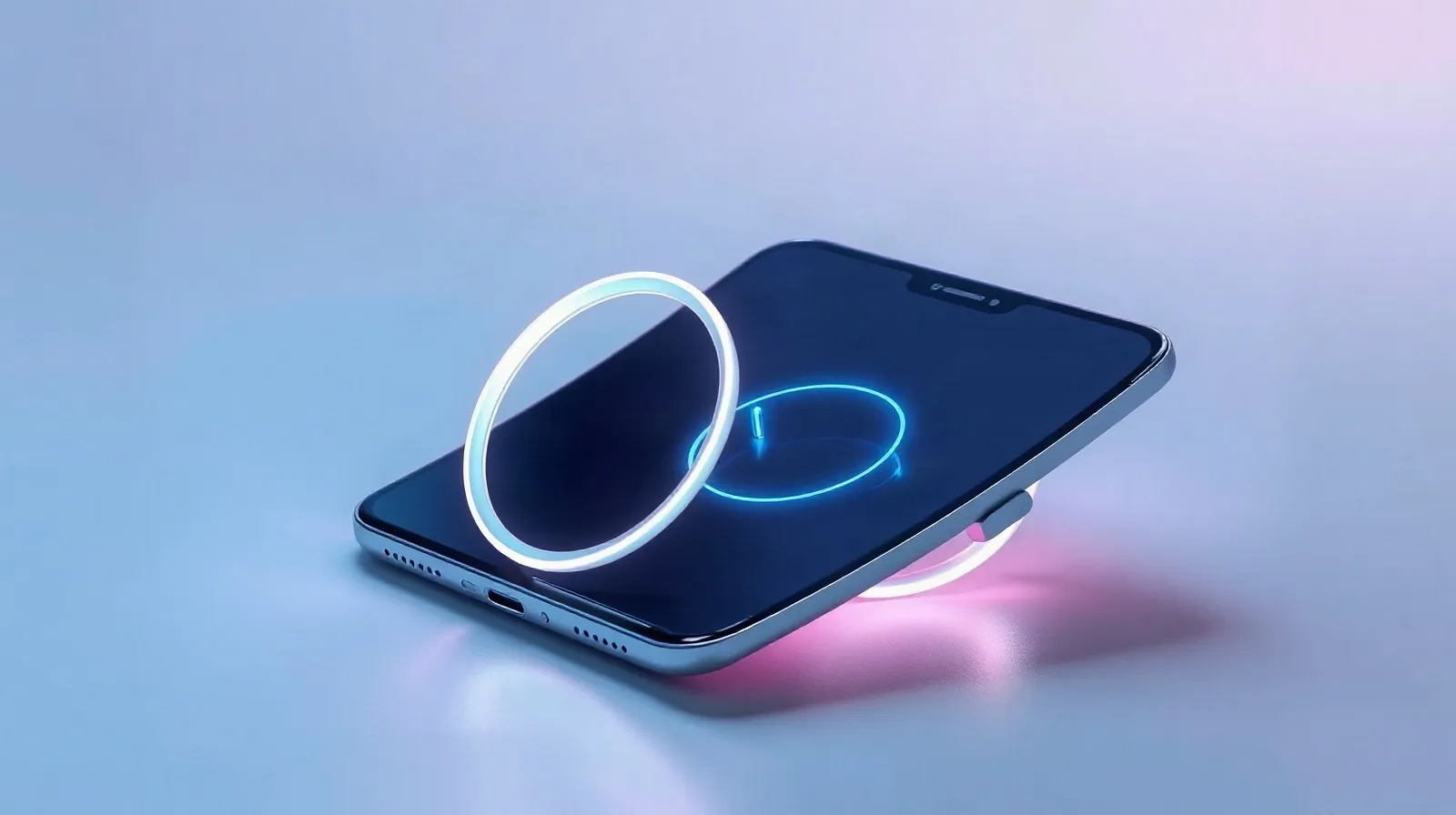 Ilustración abstracta de un teléfono plegable con anillos de carga magnética iluminados