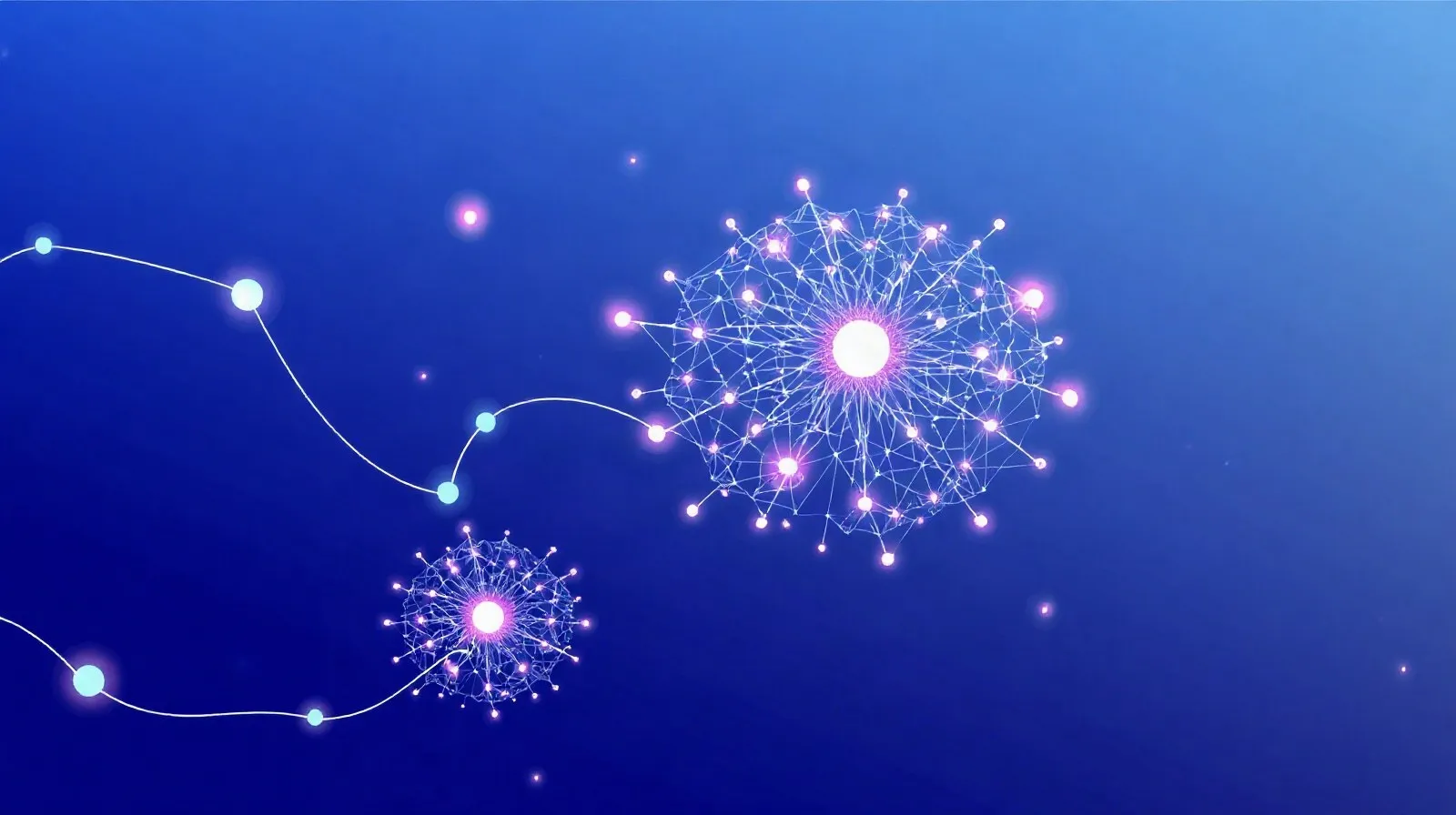 Ilustración abstracta de redes de inteligencia artificial fusionándose con fragmentos de código y formas geométricas digitales