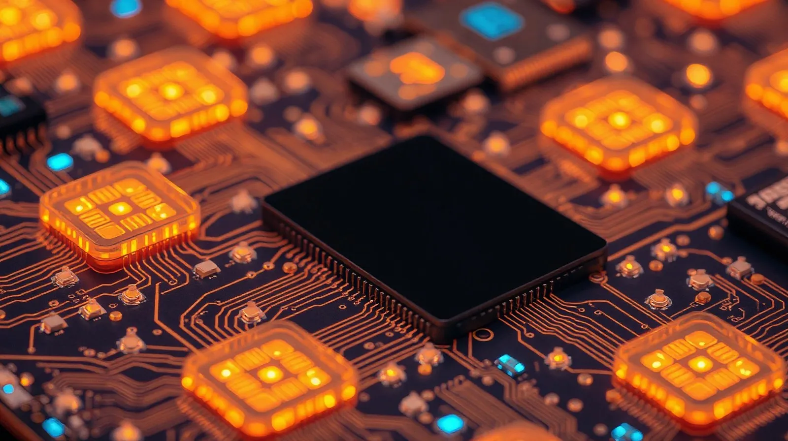 Ilustración abstracta de obleas de chips y circuitos que representa la escasez global de memoria DRAM