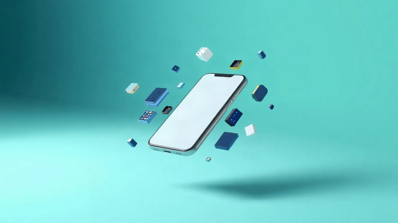 Ilustración abstracta de componentes modulares de un teléfono reparable flotando sobre fondo minimalista