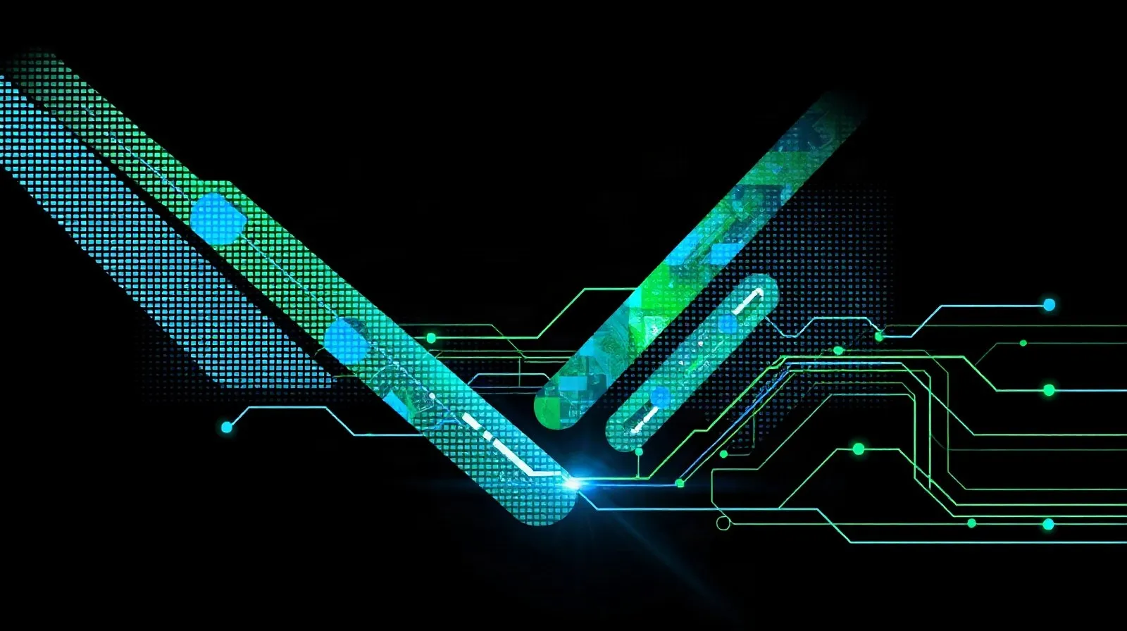Ilustración abstracta que representa una tecnología gráfica basada en inteligencia artificial con patrones digitales y efectos de pixelado