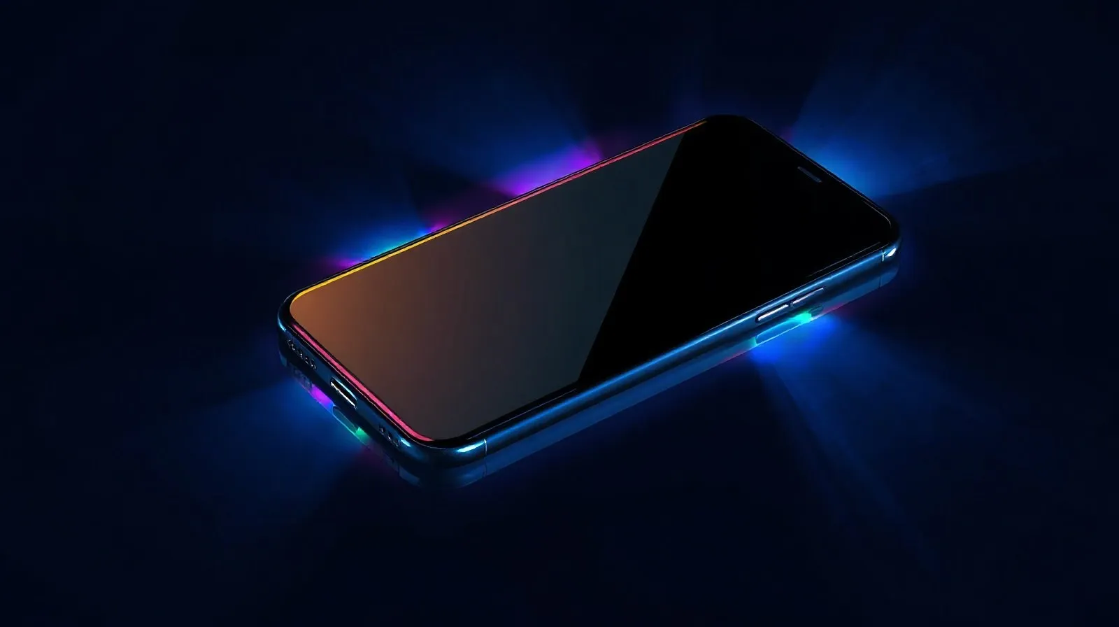 Ilustración abstracta de un teléfono boca abajo emitiendo una luz multicolor a su alrededor