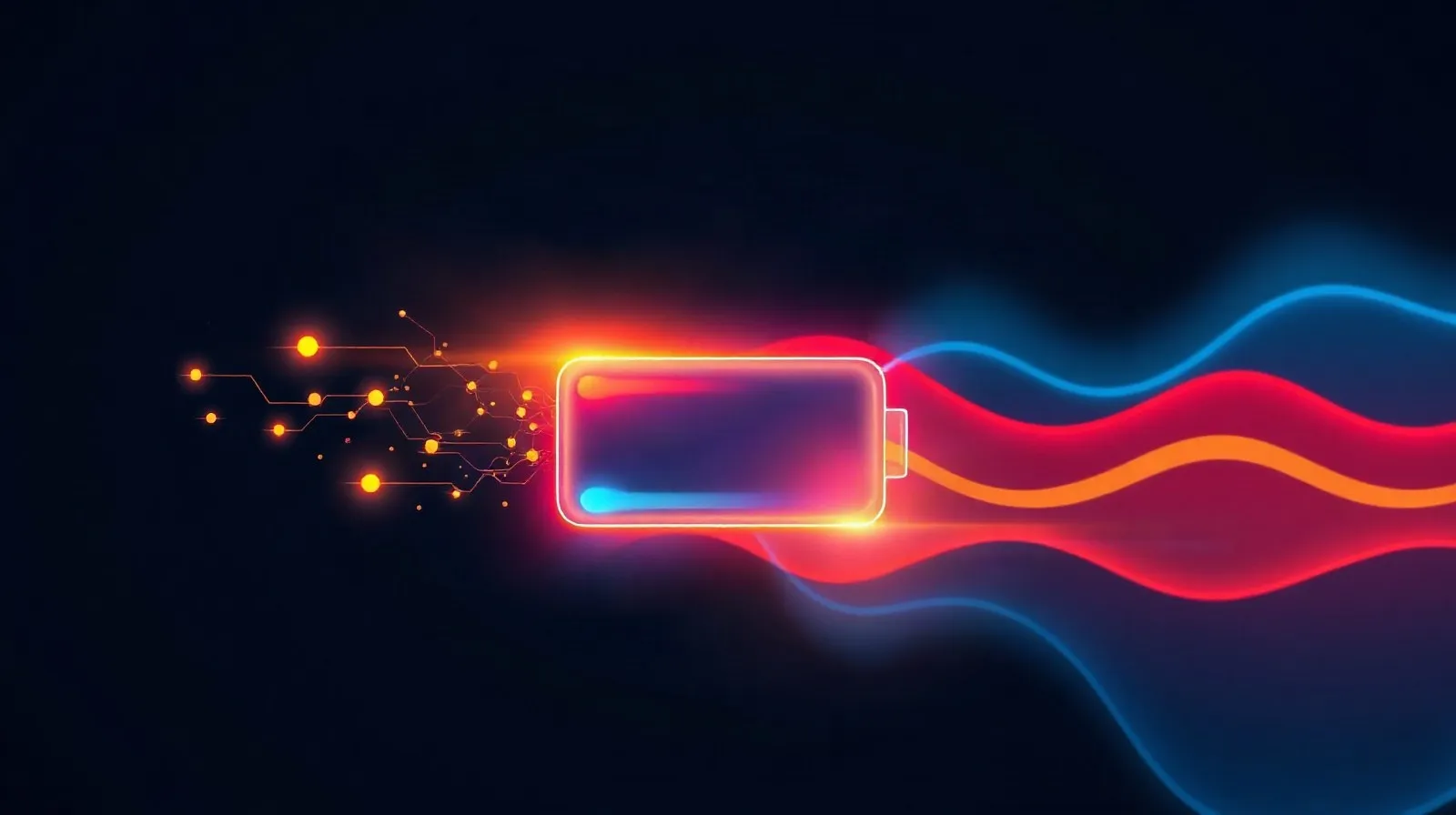 Ilustración abstracta de una batería de smartphone rodeada de energía luminosa representando carga rápida