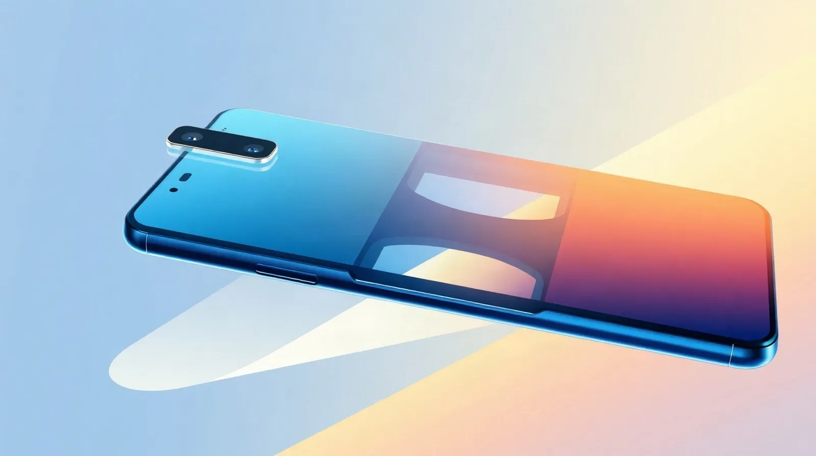 Ilustración abstracta de un diseño de smartphone filtrado con formas geométricas y tonos azules y ámbar