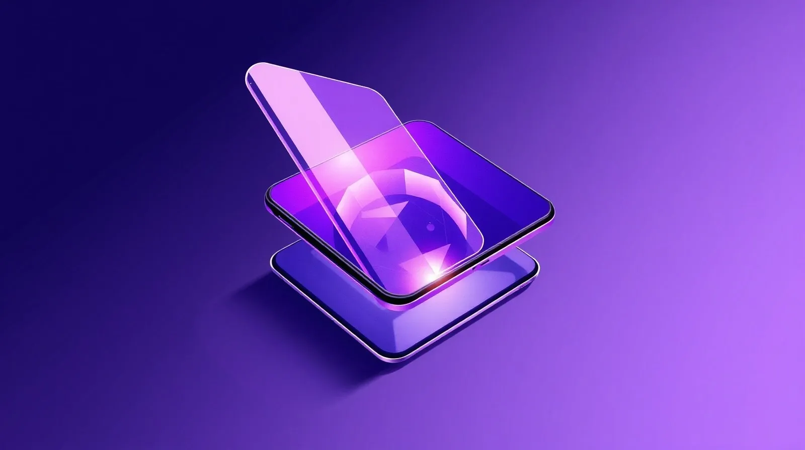 Ilustración abstracta de un teléfono plegable con detalles de cámara en tonos púrpura