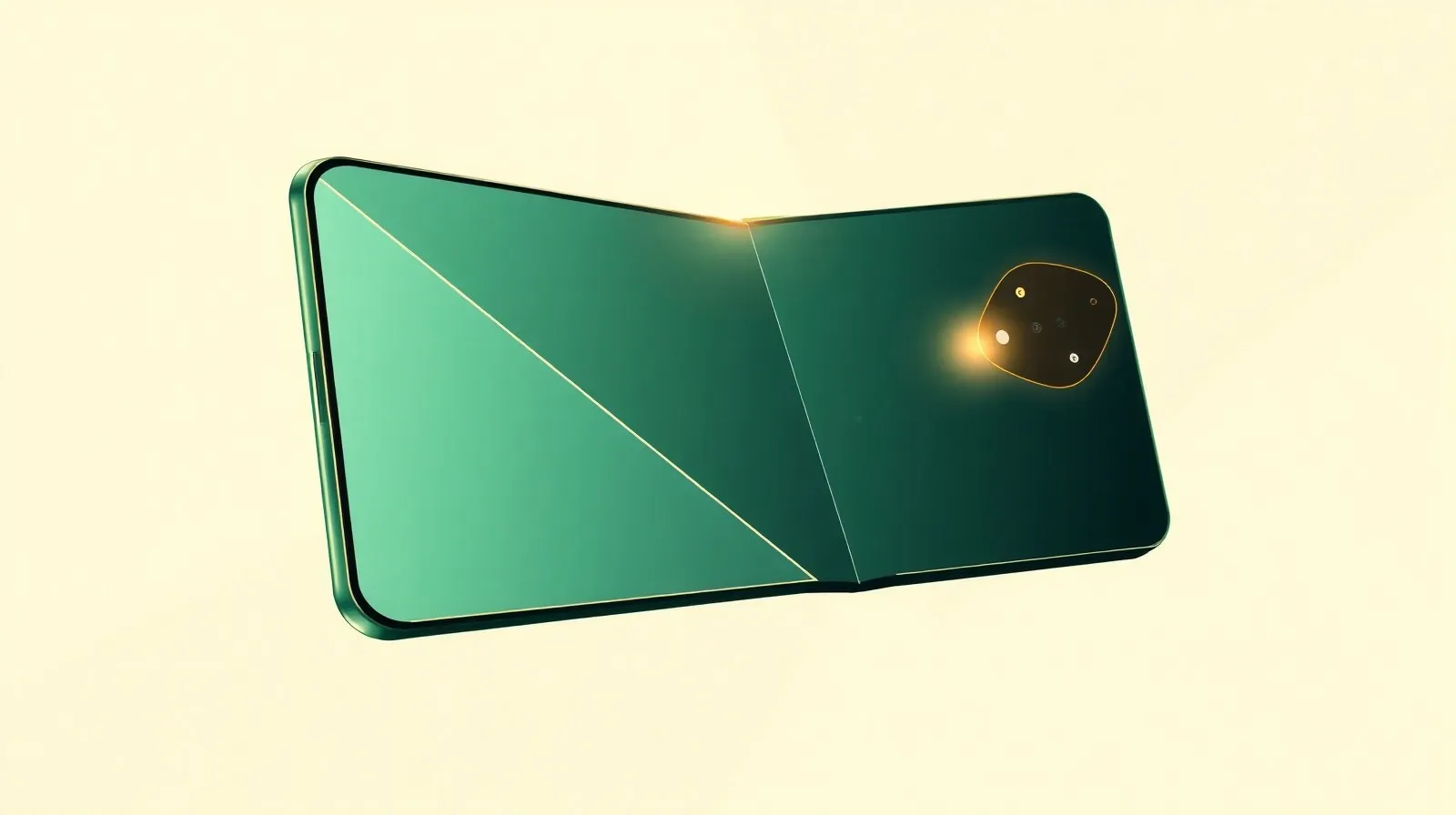 Ilustración abstracta de un teléfono plegable en tonos verde pino y dorado con un detalle de cámara iluminado