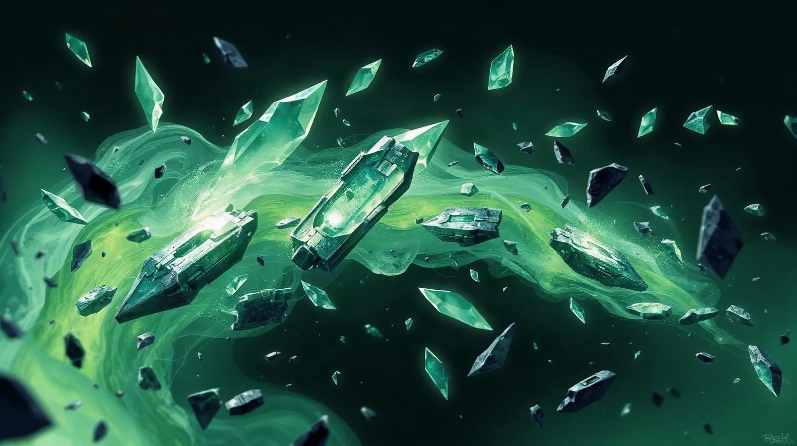 Ilustración abstracta con fragmentos brillantes de cristal y energía verde que evocan un videojuego de fantasía