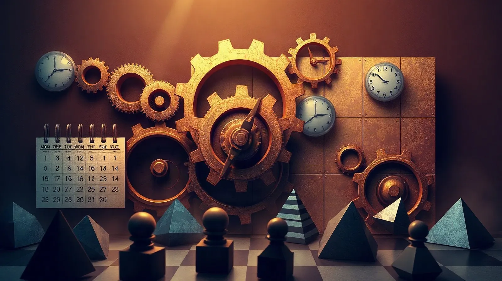 Ilustración abstracta que representa la gestión de turnos y estrategia en un videojuego de fantasía táctica