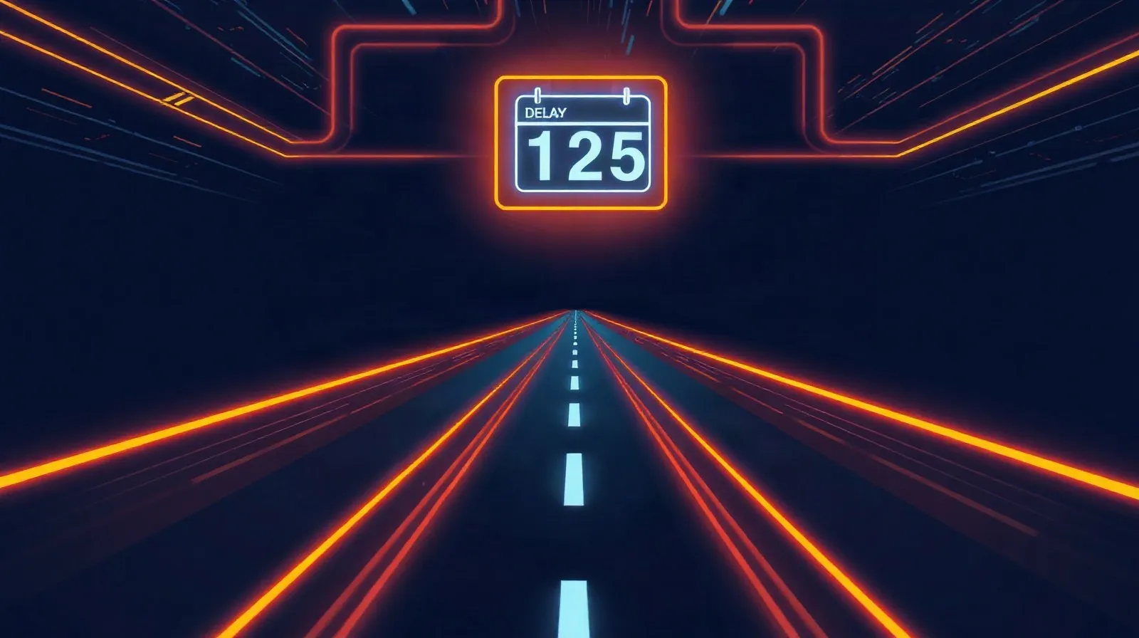 Ilustración abstracta de una carretera digital dividida en dos caminos con luces de velocidad, representando el retraso de un videojuego de carreras