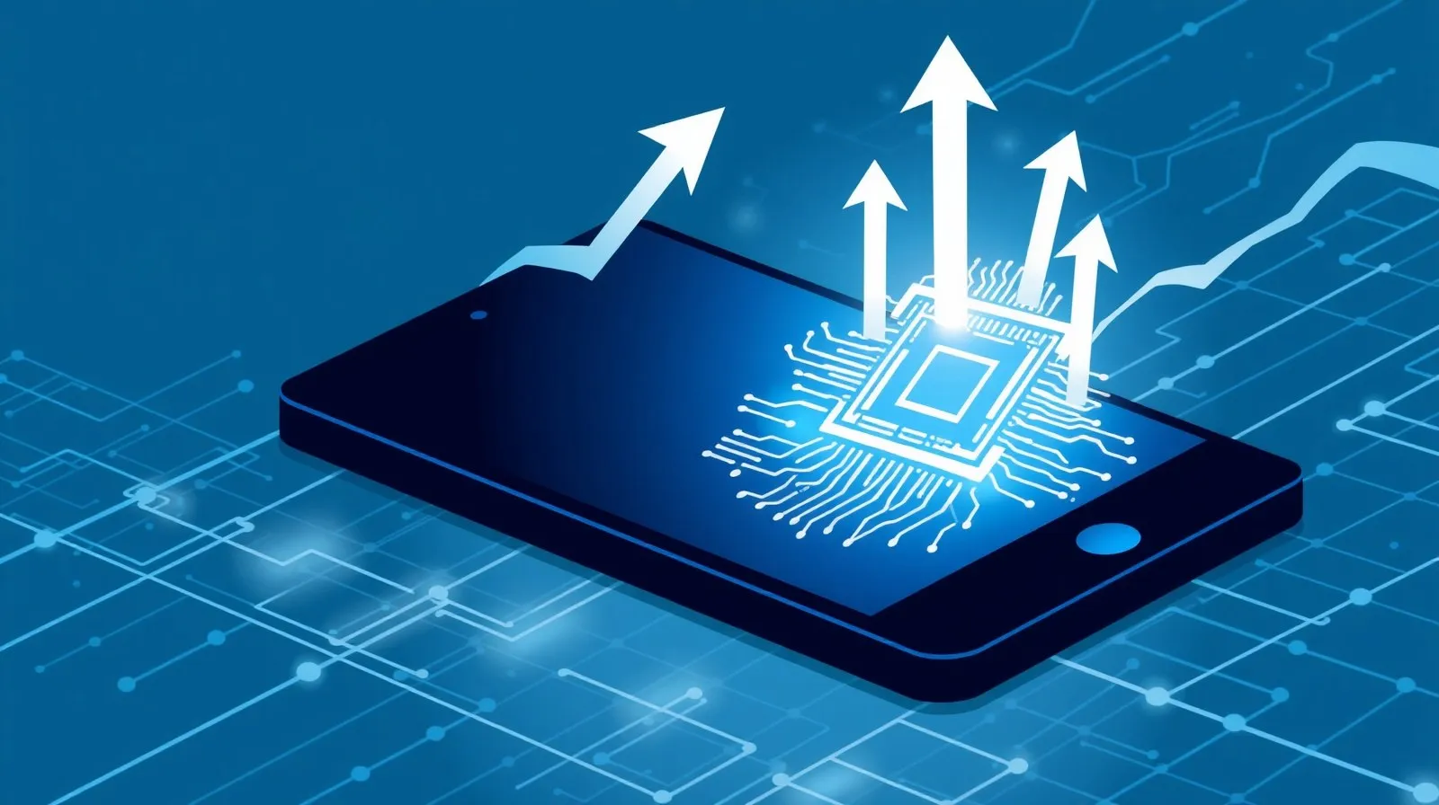 Ilustración abstracta de un teléfono con un chip iluminado y flechas que representan un aumento de precio