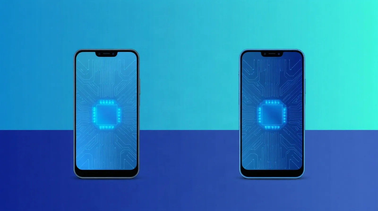 Ilustración abstracta de pantallas y circuitos superpuestos que representan la comparación entre distintos modelos de smartphones de gama alta