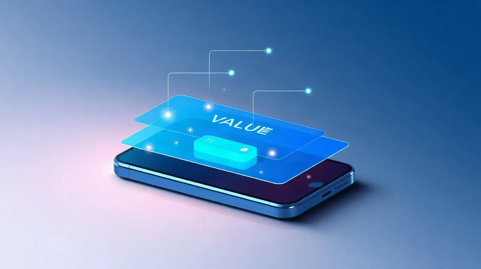 Ilustración abstracta de un smartphone con formas geométricas azules y naranjas representando tecnología y comparación de gama alta accesible